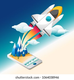 Infographic Flat rising rocket from mobile to the space vector illustration