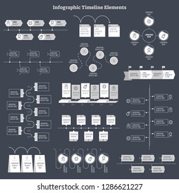Infographic flat vector design elements collection. Business data information presentation. History timeline order structures and main step templates. Round and rectangular text field layouts.
