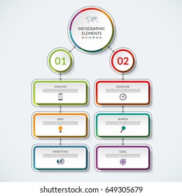 Infographic flow chart template with 2 option circles and 6 tabs. Modern minimalistic vector banner that can be used as diagram, graph, table, workflow layout for web, report, business presentation