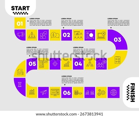 Infographic flowchart for 6 step business journey information and timeline. Summary of a journey. Vector illustration eps