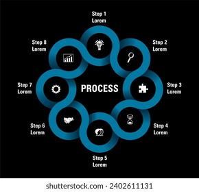 Infographic flowchart with eight steps with icon collection. Blue shape isolated on black. Vector illustration.