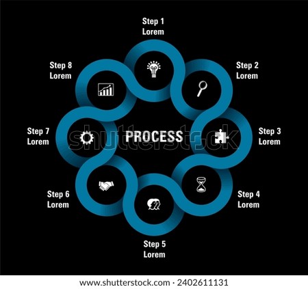 Infographic flowchart with eight steps with icon collection. Blue shape isolated on black. Vector illustration.