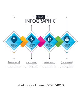 Infographic flowchart template. Business diagram with options. Birthday party icons. Cake and gift box signs. Air balloons and fireworks rockets symbol. Timeline steps. Vector