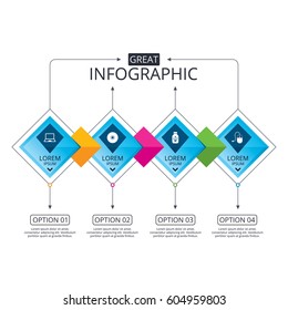 Infographic flowchart template. Business diagram with options. Notebook pc and Usb flash drive stick icons. Computer mouse and CD or DVD sign symbols. Timeline steps. Vector