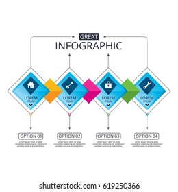 Infographic flowchart template. Business diagram with options. Home key icon. Wrench service tool symbol. Locker sign. Main page web navigation. Timeline steps. Vector