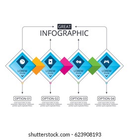 Infographic flowchart template. Business diagram with options. Bowling and Casino icons. Video game joystick and playing card with dice symbols. Entertainment signs. Timeline steps. Vector