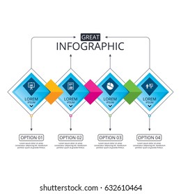 Infographic flowchart template. Business diagram with options. File document with diagram. Pie chart icon. Presentation billboard symbol. Supply and demand. Timeline steps. Vector