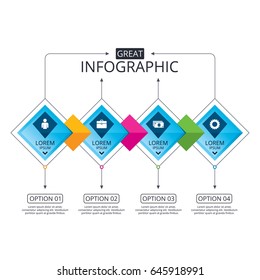 Infographic flowchart template. Business diagram with options. Businessman icons. Human silhouette and cash money signs. Case and gear symbols. Timeline steps. Vector