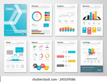 Vectores de volantes y folletos informativos y plantillas web. Elementos estadísticos y de visualización de datos para la impresión, el sitio web, los informes corporativos y los proyectos gráficos.