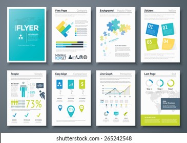 Infographic flyer templates and business vector elements. Use in website, corporate brochure, advertising and marketing. Pie charts, line graphs, bar graphs and timelines.