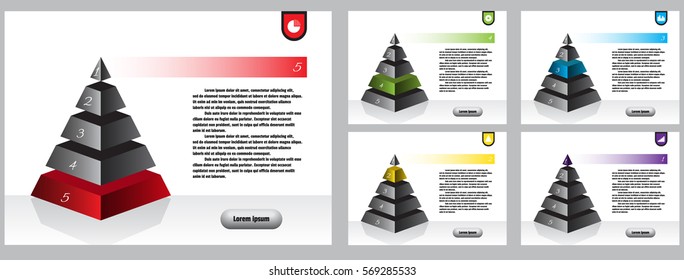 Infographic flyer templates. Business vector elements. Use in website, corporate brochure, advertising and marketing. Isometry symmetrical pyramid charts, diagram 5 levels