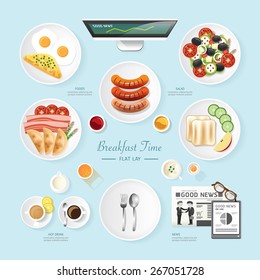 Infographic food business breakfast flat lay idea. salad,meal,toast,news Vector illustration . can be used for layout, advertising and web design.