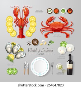 Infographic food business seafood flat lay idea. Vector illustration hipster concept.can be used for layout, advertising and web design.