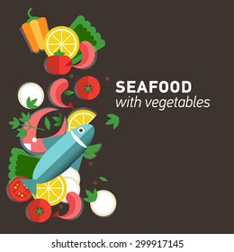 Infographic food business seafood flat lay idea. Vector illustration hipster concept, can be used for layout, advertising and web design. Seafood design set. Seafood menu for restaurant.