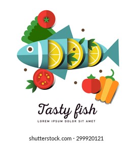 Infographic food business seafood flat lay idea. Vector illustration hipster concept, can be used for layout, advertising and web design. Seafood design set. Seafood menu for restaurant. Tasty fish