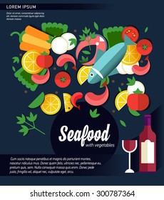 Infographic food business seafood flat lay idea. Vector illustration hipster concept.can be used for layout, advertising and web design. Seafood design set. Seafood menu for restaurant. Background