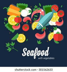 Infographic food business seafood flat lay idea. Vector illustration hipster concept.can be used for layout, advertising and web design. Seafood design set.  Seafood menu for restaurant.