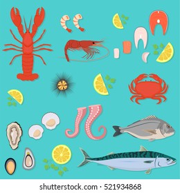 Infographic food business seafood flat lay idea. Vector illustration hipster concept, can be used for layout, advertising and web design. Seafood design set. Seafood menu for restaurant