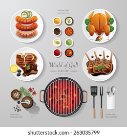 Infographic food grill,bbq,roast,steak flat lay idea. Vector illustration hipster concept.can be used for layout, advertising and web design.