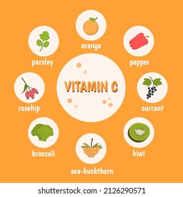 Infographic: foods rich in vitamin C. Proper nutrition, diet. Vector illustration.