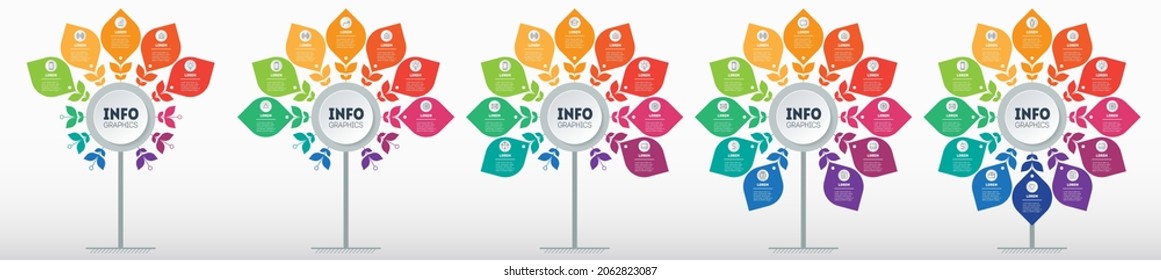 Infografía en forma de flor estilizada, dividida en cinco opciones. Conjunto de presentaciones de Business con 5, 7, 9, 11 y 12 partes sobre fondo claro. Vector.