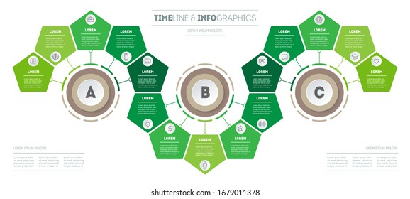 Infographic in the form of wave, consisting of 15 parts divided into 3 segments of 5 parts. Eco Business presentation with options. Brochure template. Diagram of green technology or education process.