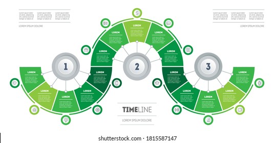 Infographic in the form of wave, consisting of 15 parts divided into 3 segments of 5 parts. Diagram of green technology. Presentation of Eco Business with fifteen options. Vector.