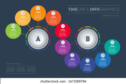 Infographic in the form of wave, consisting of 2 segments and 10 parts. Business presentation with options. Brochure design template. Diagram of technology or education process with ten steps. Vector.