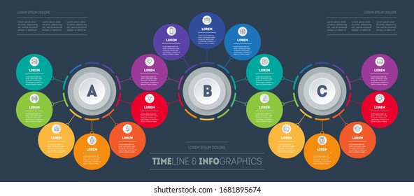 Infographic in the form of wave consisting of 3 segments and 17 parts. Business presentation with options. Brochure design template. Diagram of technology or education process with seventeen steps.