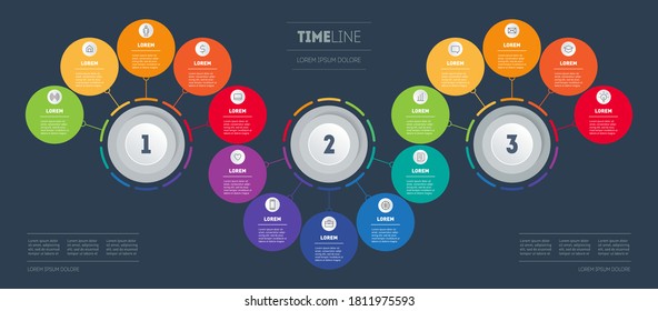 Infographic in the form of wave consisting of 3 segments and 15 parts. Business presentation with options. Time line design template. Diagram of technology or education process with fifteen steps.