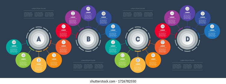 Infographic in the form of wave consisting of 4 segments and 16 parts. Business presentation with options. Brochure design template. Diagram of technology or education process with sixteen steps.