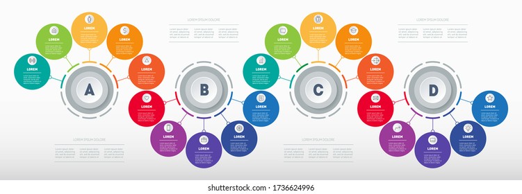 Infografía en forma de onda de 4 segmentos y 16 partes. Presentación de negocios. Plantilla de diseño de folleto. Diagrama del proceso tecnológico o educativo con 16 pasos. Vector.