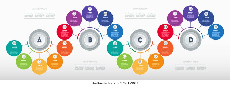 Infographic in the form of wave consisting of 4 segments and 16 parts. Business presentation. Brochure design template with icons. Diagram of technology or education process with sixteen steps.