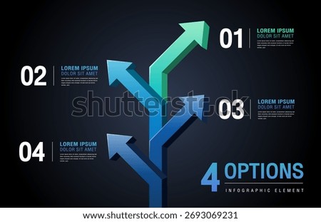 Infographic with four 3D arrows branching upward. Concept of four options, is, or paths.