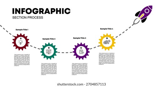 Infográfico com quatro seções em forma de engrenagem para apresentação. Infográfico 4 com ilustrações e ícones.