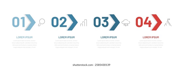 An infographic with four numbers reflecting the stages. Infographics for presentation, website, and web design. Consistent actions in business, startup