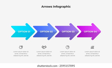 Infographic of four sequential arrow options representing a process, steps, or stages, paired with symbols and descriptive text, ideal for business or workflow presentations