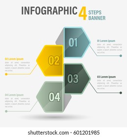Infographic four steps banner with hexagonal elements. Vector illustration.

