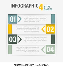 Info-graphic four steps horizontal banner. Can be used for layout, workflow or number options. Vector illustration.