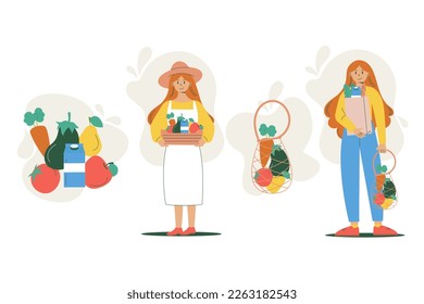 Infografische Frischgemüse und Weigerung aus Kunststoff. Ökologie und Recycling. Weltgesundheitstag