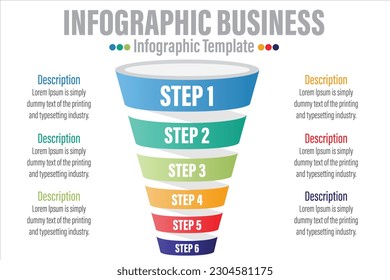 Infographic funnel block chart concept for slide presentation with six 6 Steps, six 6 option, Six 6 point list and funnels shape pyramid cone direction