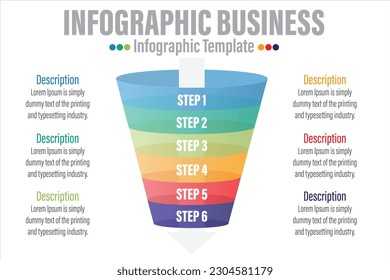 Infographic funnel block chart concept for slide presentation with six 6 Steps, six 6 option, Six 6 point list and funnels shape pyramid cone direction