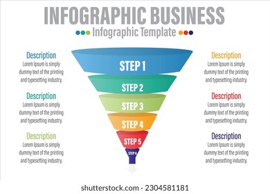 Infographic funnel block chart concept for slide presentation with six 6 Steps, six 6 option, Six 6 point list and funnels shape pyramid cone direction