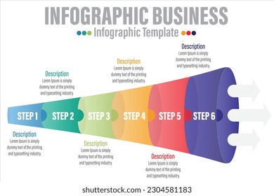 Infographic funnel block chart concept for slide presentation with six 6 Steps, six 6 option, Six 6 point list and funnels shape pyramid cone direction