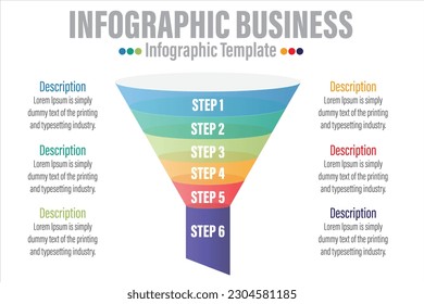 Infographic funnel block chart concept for slide presentation with six 6 Steps, six 6 option, Six 6 point list and funnels shape pyramid cone direction