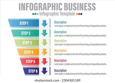 Infographic funnel block chart concept for slide presentation with six 6 Steps, six 6 option, Six 6 point list and funnels shape pyramid cone direction