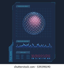 Infographic futuristic items for molecule or cell analysis. Bar graph or chart for molecular analytics, data information design. Science or biology technology presentation, chemistry document