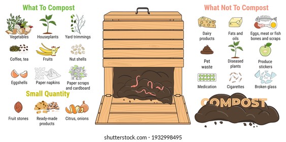 Infographic of garden composting bin with scraps. What to or not to compost. No food wasted. Recycling organic waste, compost. Sustainable living, zero waste concept. Hand drawn vector illustration. 