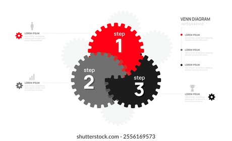 Infographic gear Venn diagram chart template for business 3 steps, vector illustration.