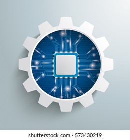 Infografía con rueda de engranaje y microchip en el fondo gris. Archivo vectorial Eps 10.